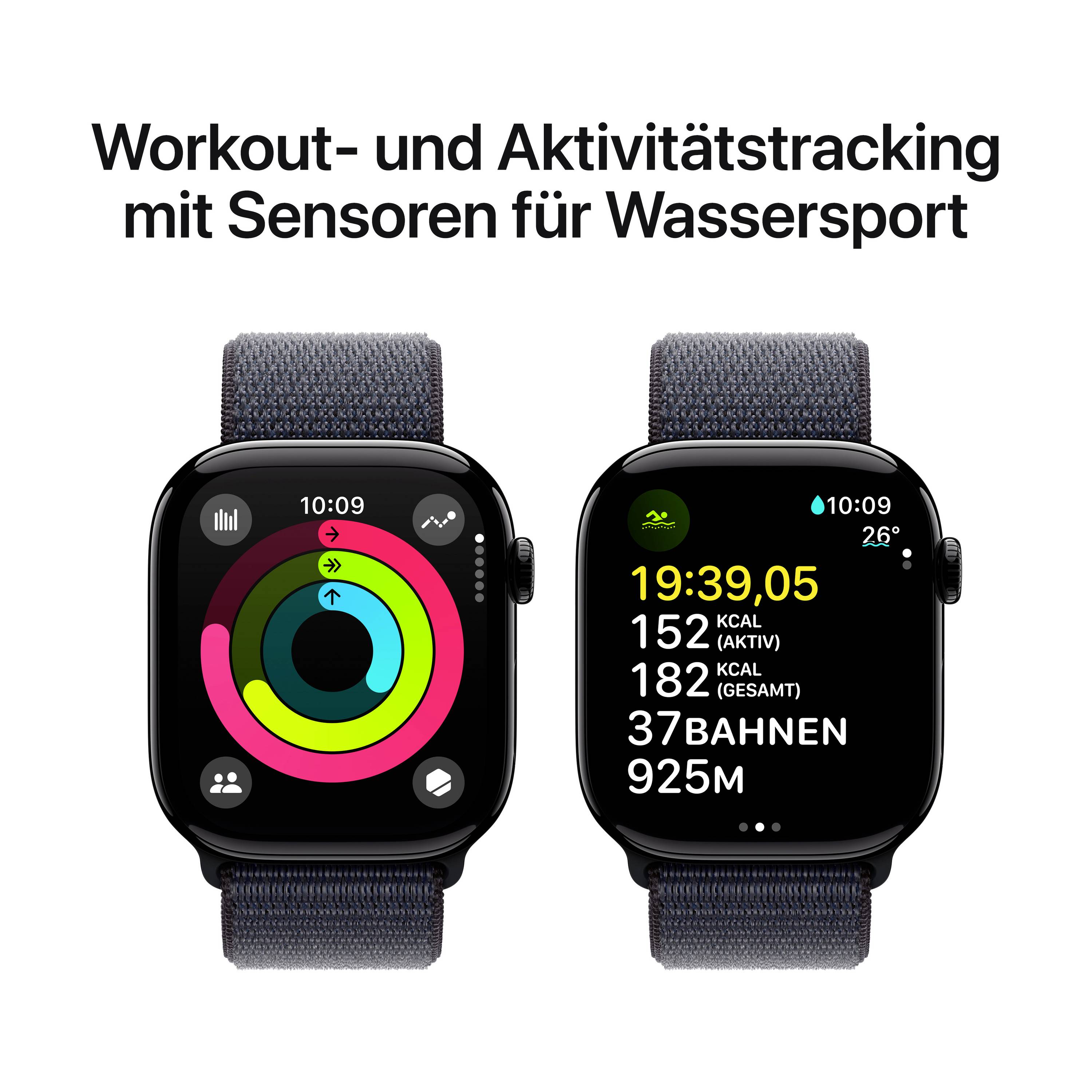 Deux montres connectées affichent des anneaux d'activité et des statistiques de natation, avec le texte : Suivi des entraînements et de l'activité avec des capteurs pour les sports nautiques.