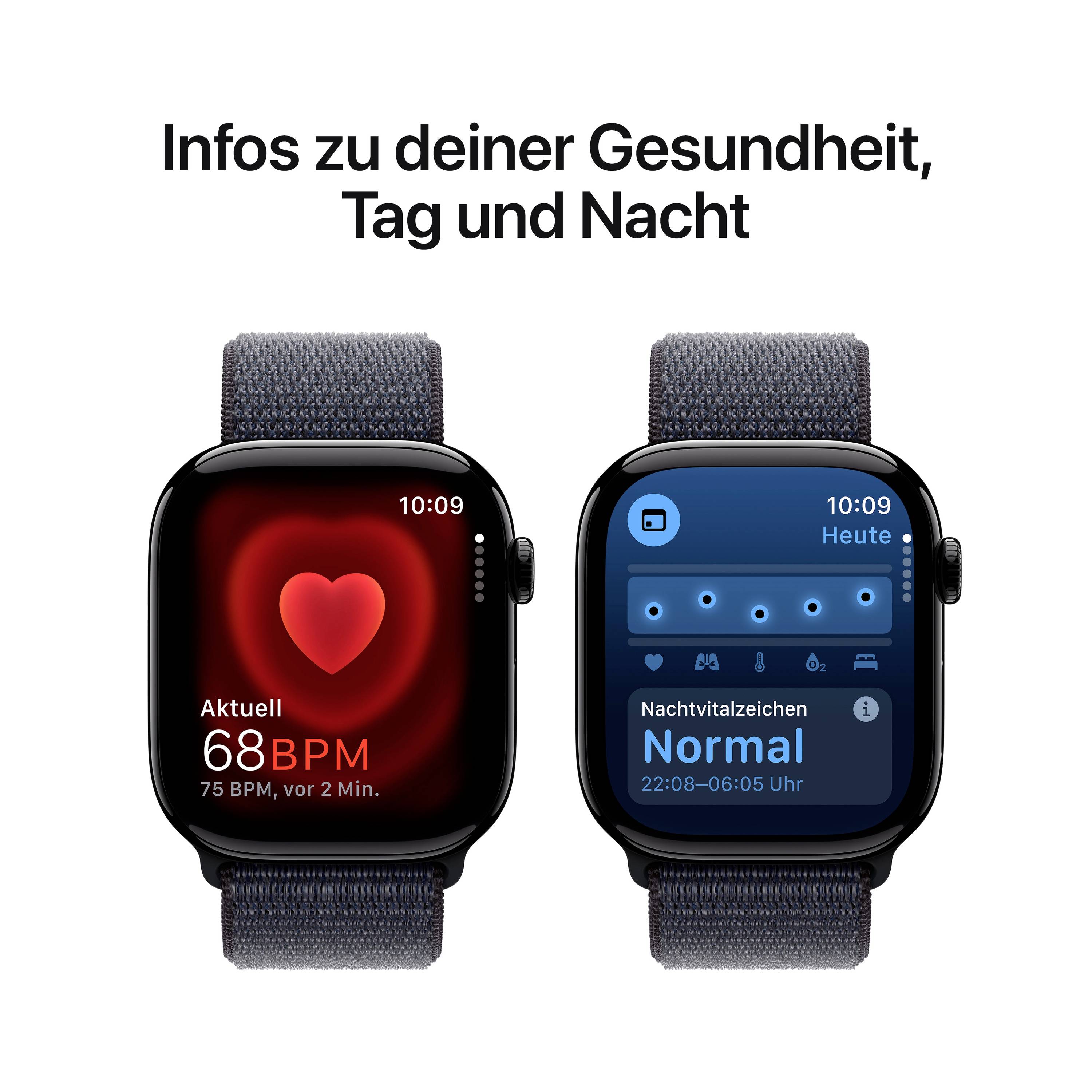 Deux écrans de montres connectées affichent des informations de santé : l'écran de gauche montre la fréquence cardiaque, celui de droite surveille le sommeil.