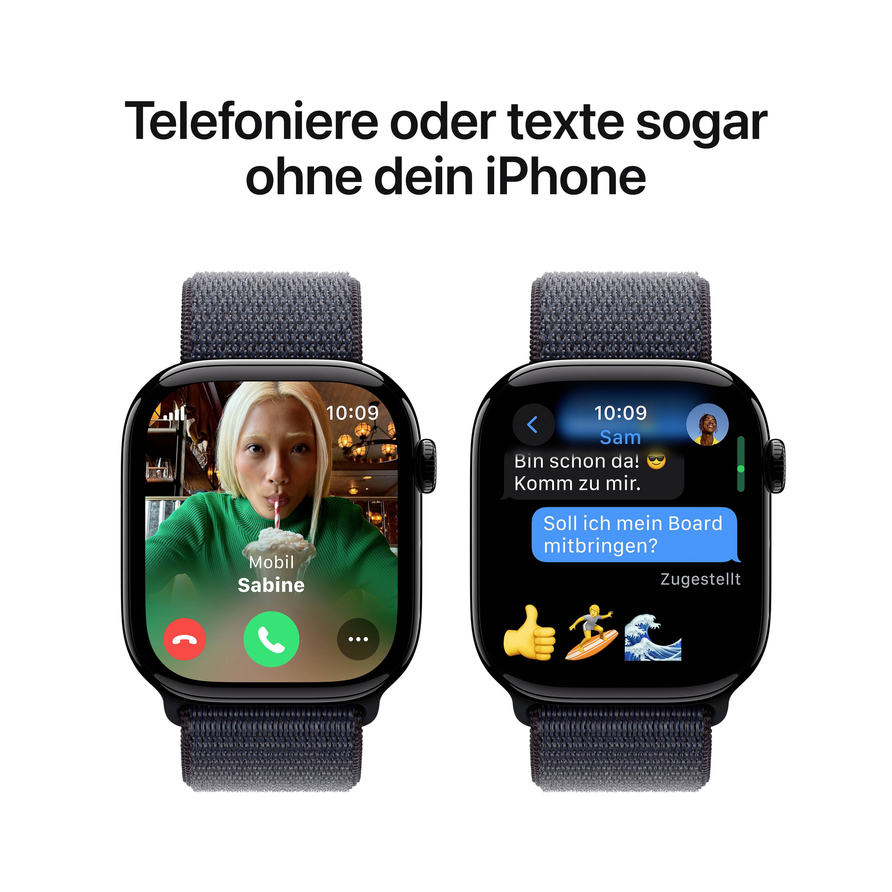 Une montre connectée affiche une image d'appel vidéo entrant de 'Sabine' avec une conversation de messages texte à droite et à gauche.