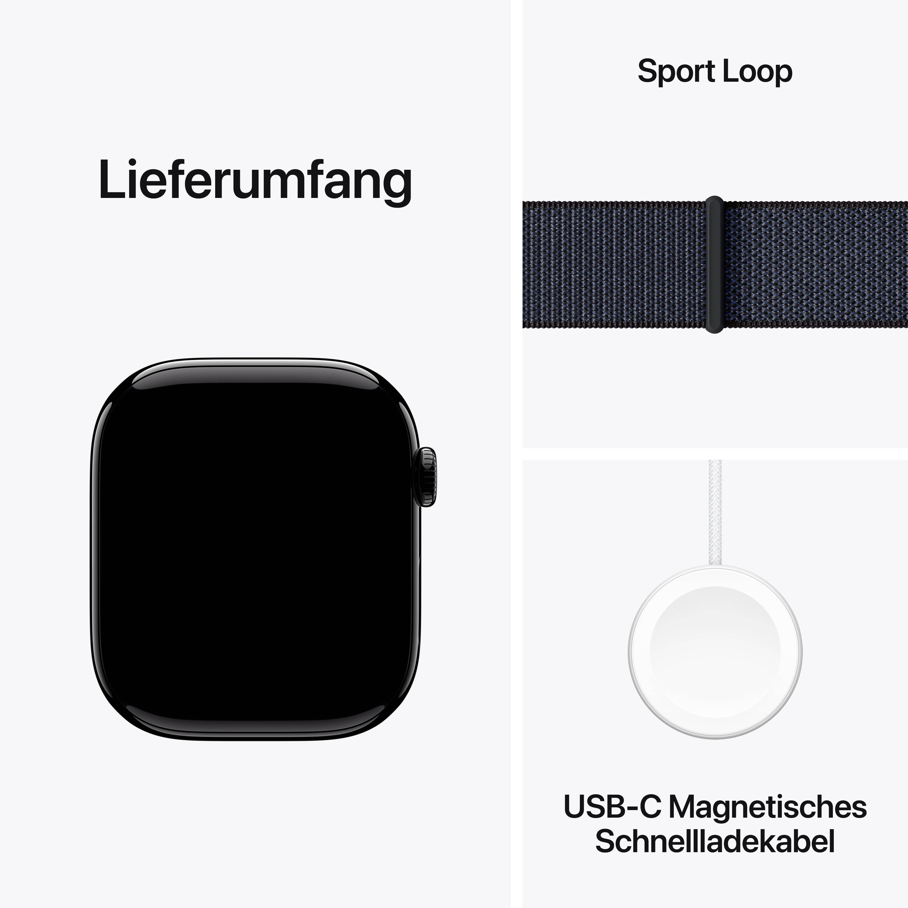 Contenu de la livraison : L'illustration présente une montre connectée, un bracelet Sport Loop et un câble de charge rapide magnétique USB-C.