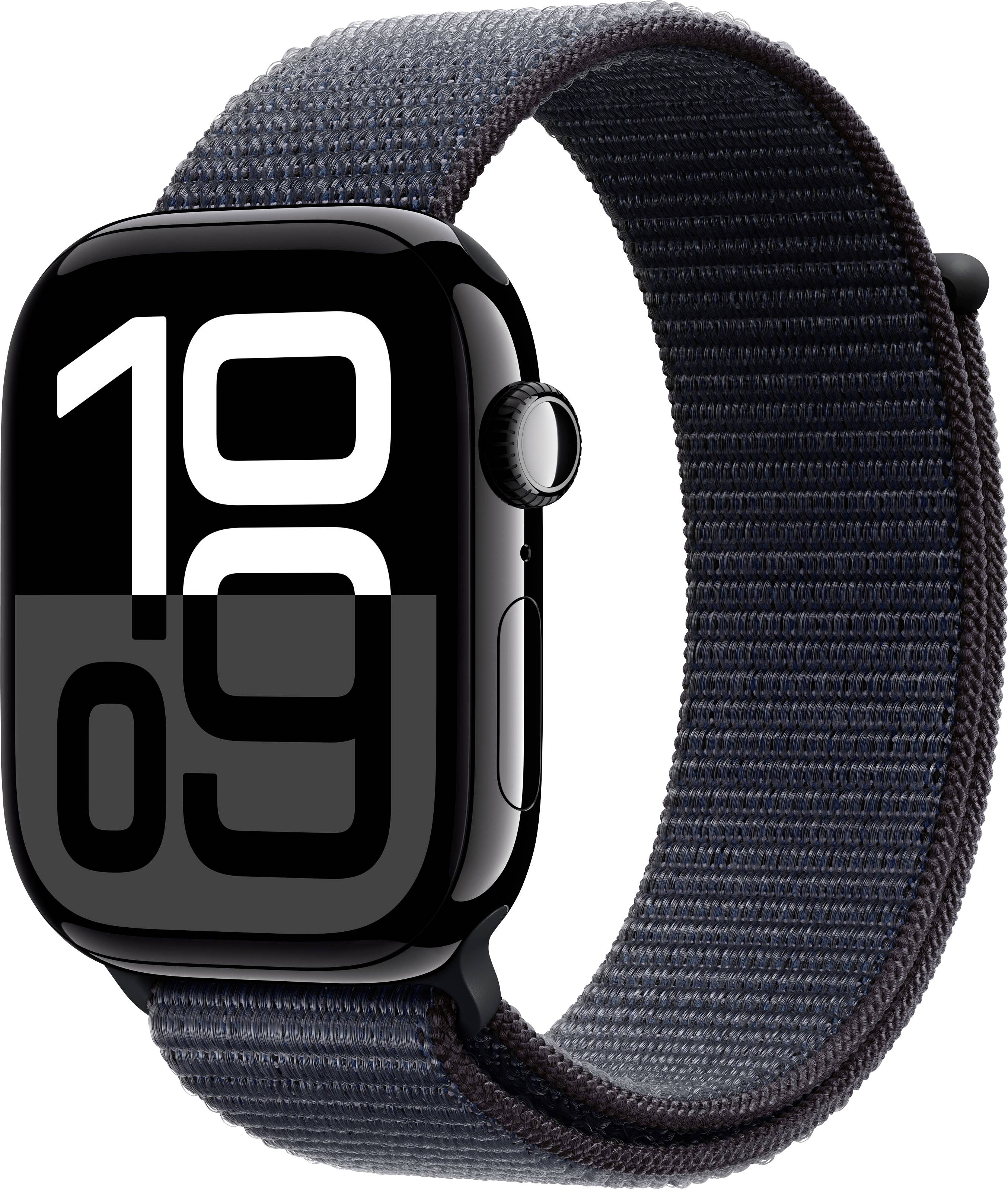 Une montre connectée noire avec un grand cadran blanc affiche '10:09'. Elle est dotée d'un bracelet en tissu bleu marine.