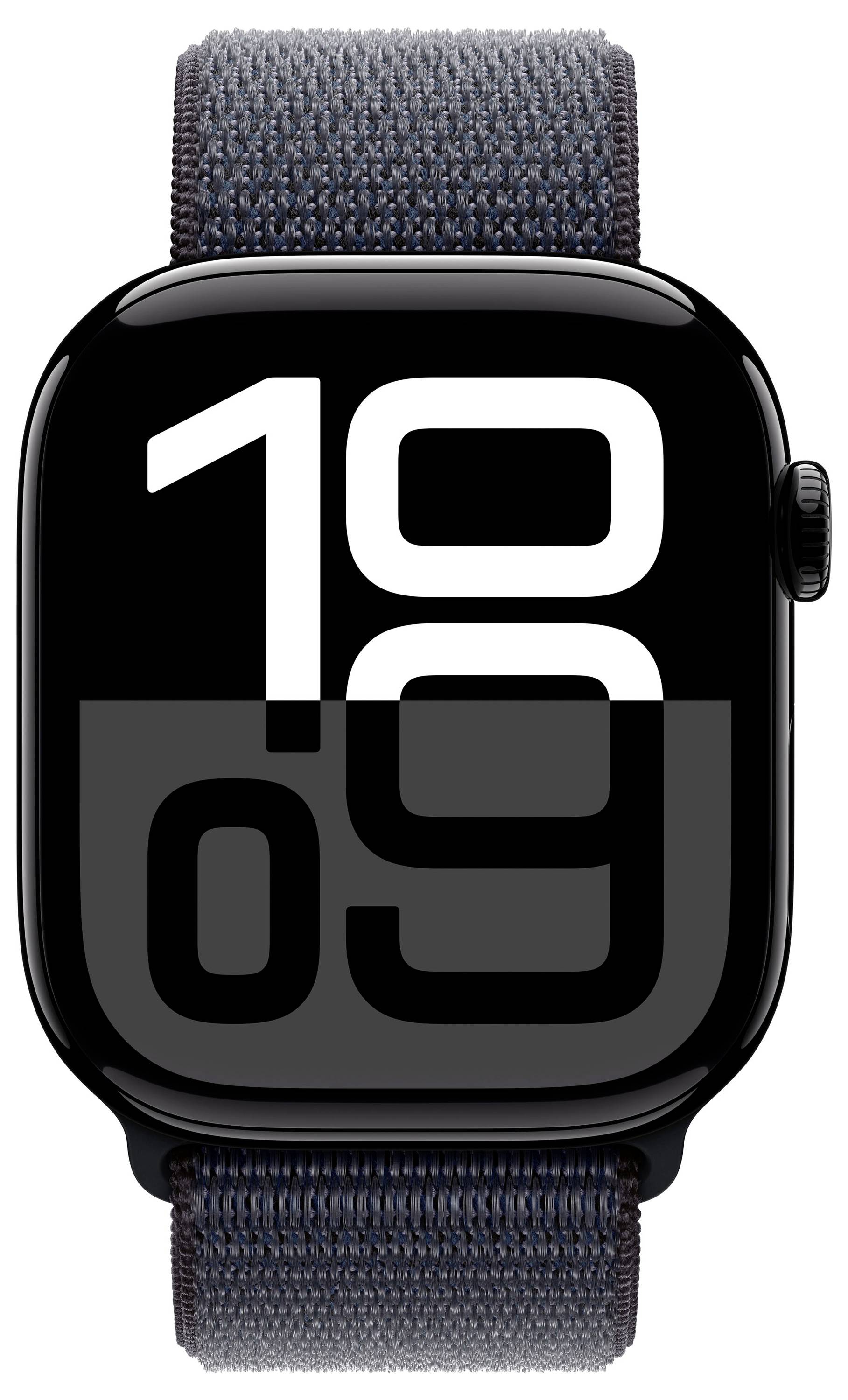 Montre connectée avec boîtier noir et bracelet en tissu affichant l'heure : 10:09 en chiffres blancs de grande taille sur un cadran noir.