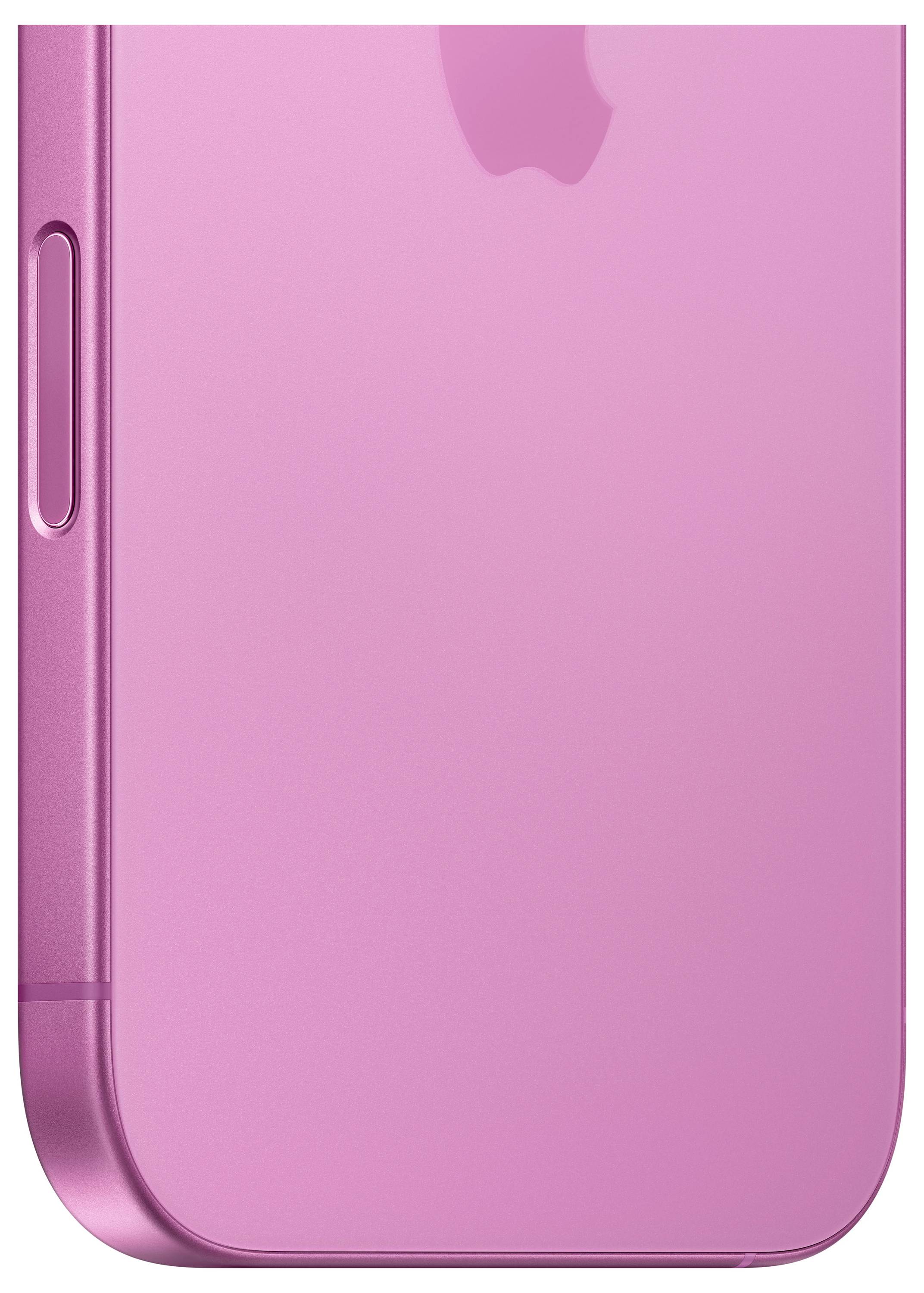 Dos de smartphone rose avec un bouton latéral et découpe du logo de la marque.