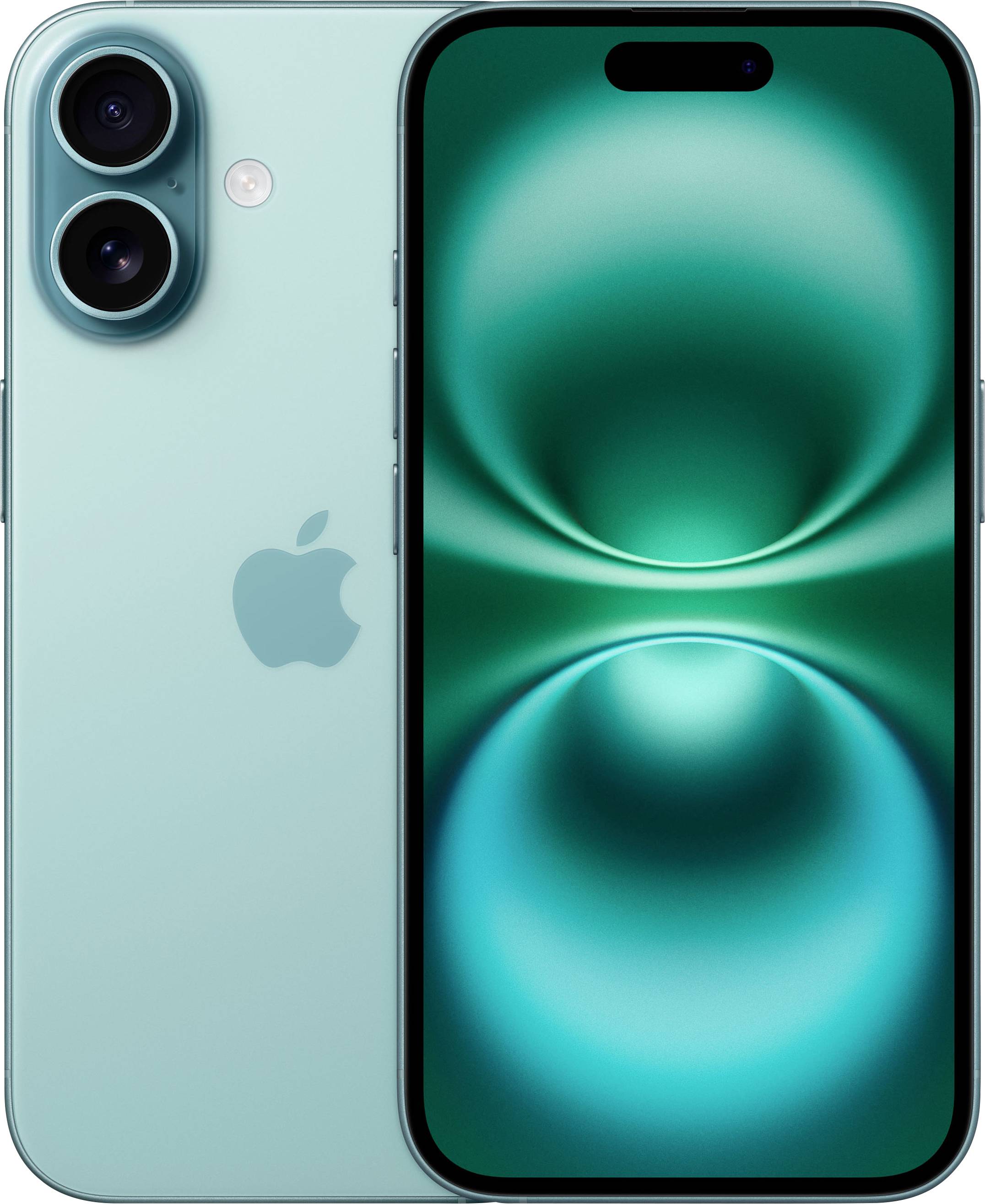 Un smartphone vert menthe de face et de dos. À l'arrière, deux caméras et le logo Apple sont visibles.