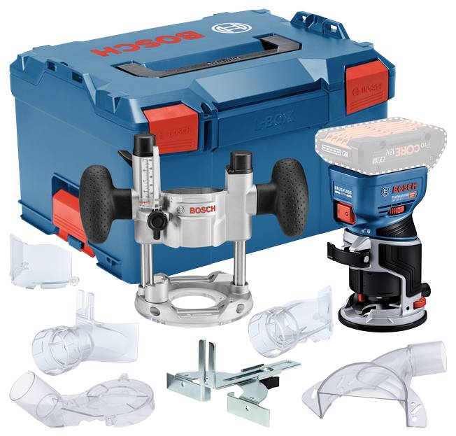 Une défonceuse Bosch avec accessoires et mallette de transport. Comprenant divers embouts et un design en éclaté pour le rangement.