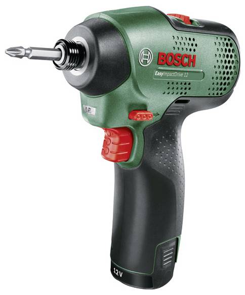 Visseuse-perceuse de la marque Bosch, modèle 'EasyImpact Drive 12' en vert et noir avec interrupteur rouge et embout de vissage installé.