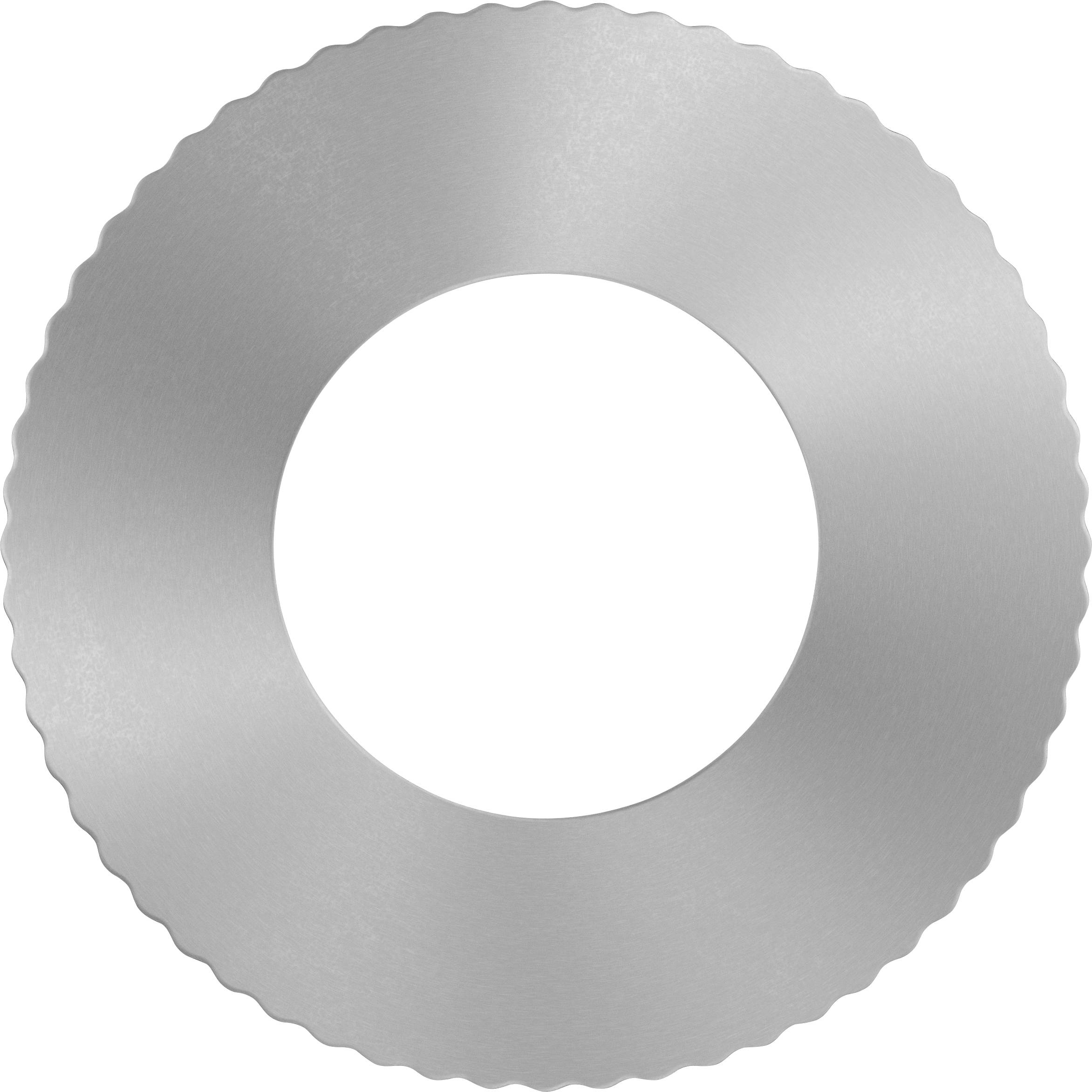 Disque argenté rond en métal avec un bord dentelé et une découpe circulaire au centre.