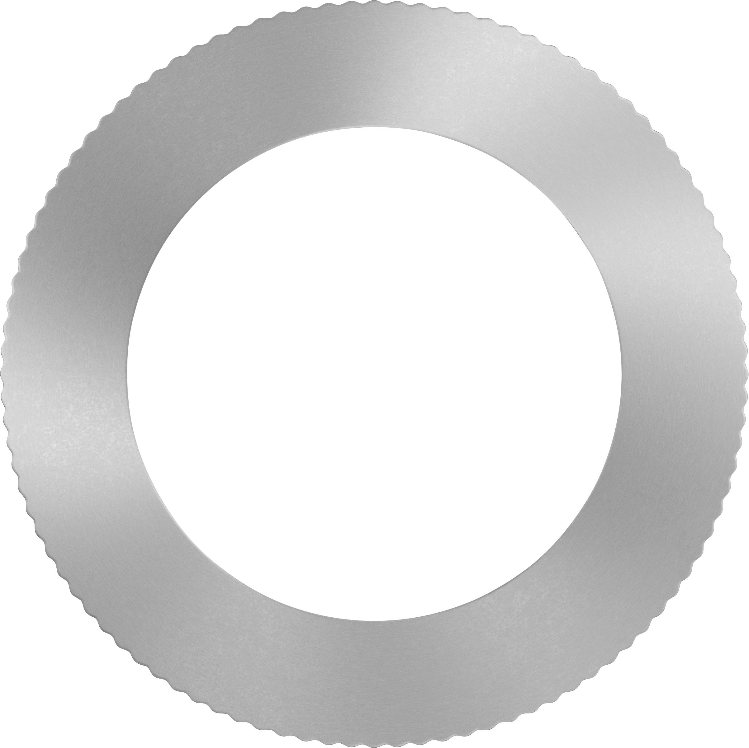 Une couronne dentée argentée en forme d'anneau, souvent utilisée sur des outils ou des machines pour permettre un mouvement de rotation.