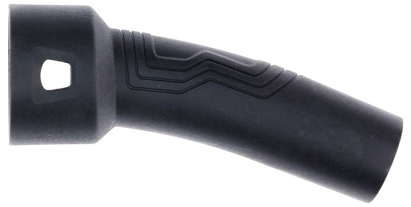 Un tuyau noir et incurvé en plastique avec une poignée texturée et une ouverture carrée, probablement un accessoire d'aspirateur.