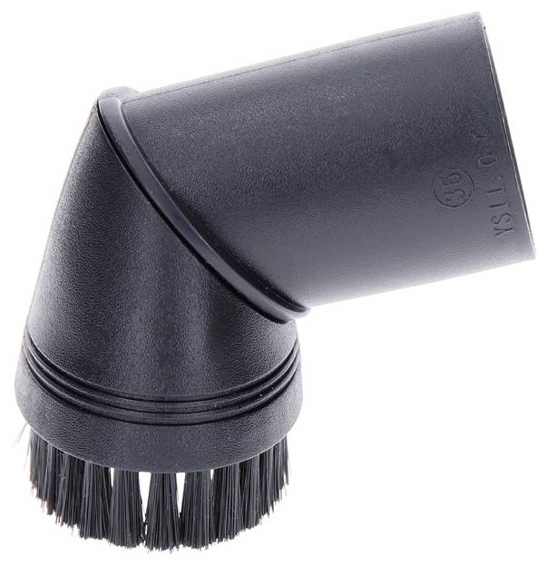 Un embout d'aspirateur noir avec des poils de brosse, probablement utilisé pour enlever la poussière sur les meubles ou d'autres surfaces.