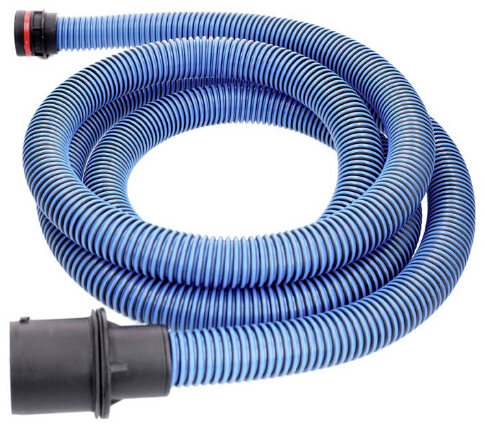 Un long tuyau d'aspiration bleu avec des embouts noirs aux deux extrémités, probablement destiné à un aspirateur ou au nettoyage d'une piscine.