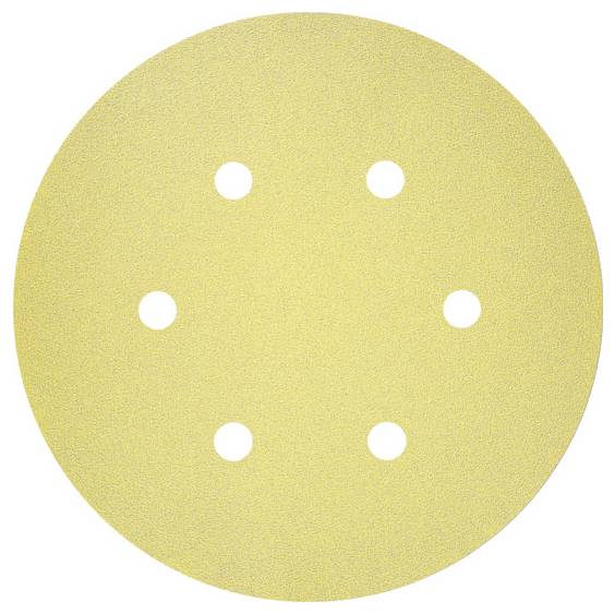 Disque de ponçage jaune rond avec six trous uniformément répartis pour les travaux de ponçage.