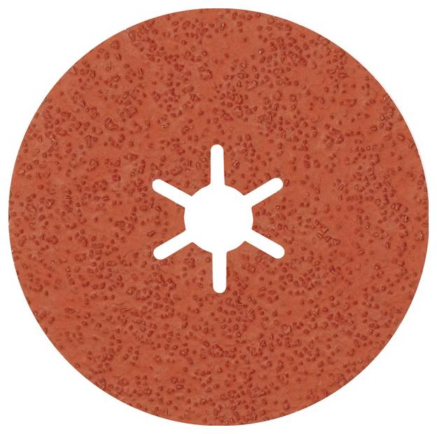 Disque abrasif rond rouge avec surface texturée et ouverture centrale en forme d'étoile.
