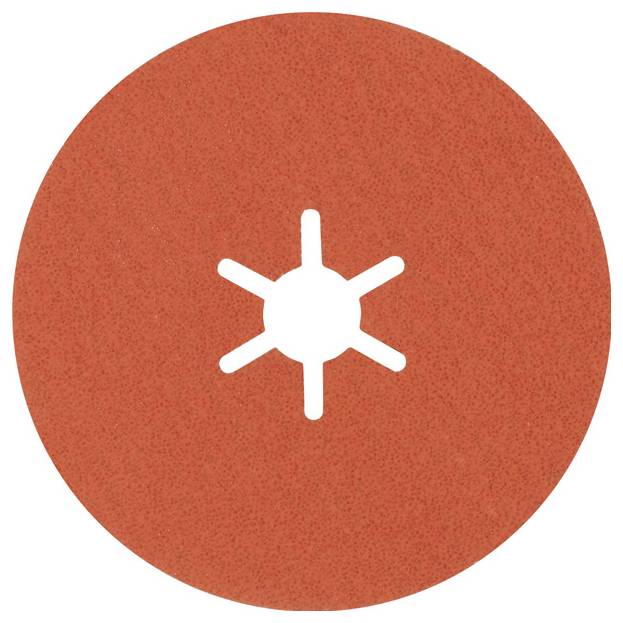 Un disque rond, rouge, abrasif avec six découpes en forme d'étoile au centre, destiné au traitement de surface.