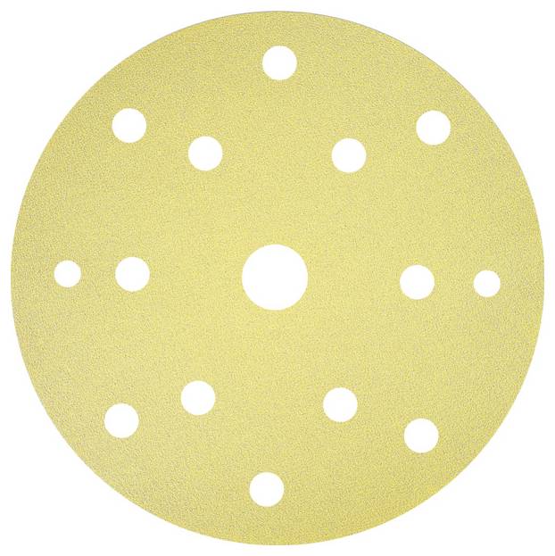 Un disque de papier abrasif percé de trous disposés symétriquement, adapté aux ponceuses excentriques.