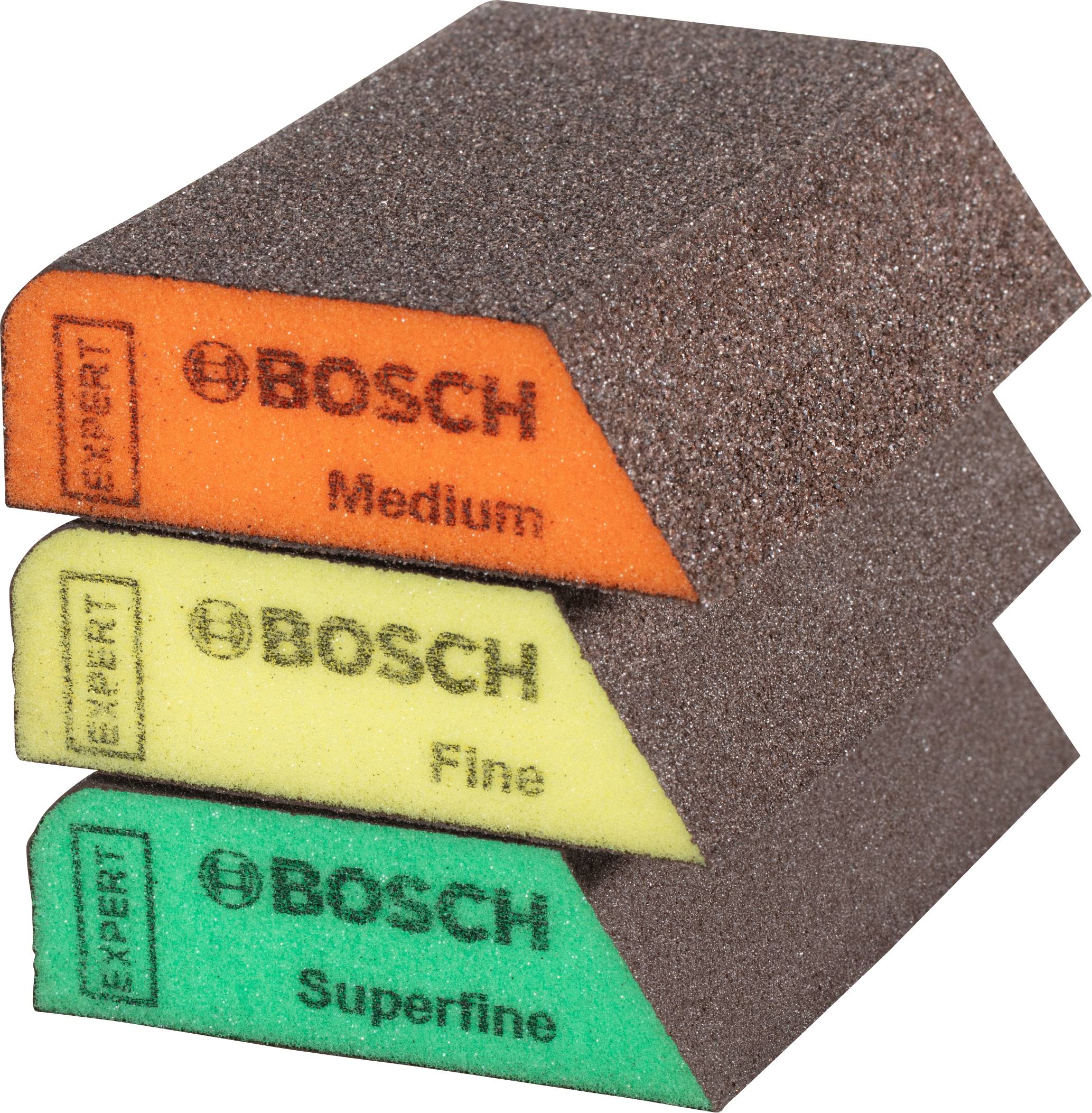 Trois éponges abrasives empilées : en haut orange avec 'Medium', au milieu jaune avec 'Fine', en bas vert avec 'Superfine'. Marque 'Bosch'.