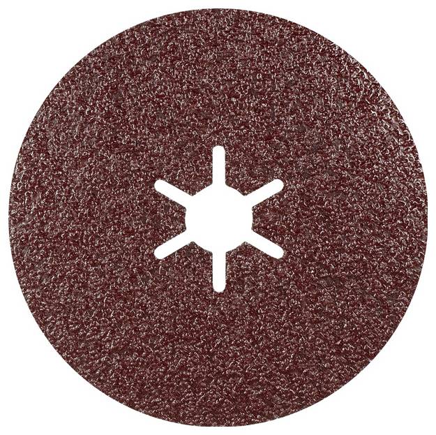 Un disque de papier de verre brun avec cinq découpes disposées en forme d'étoile au centre.