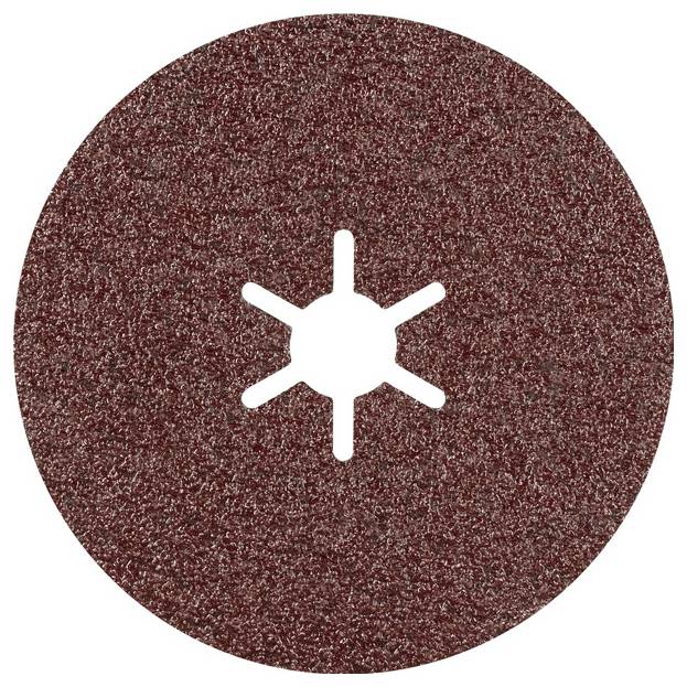 Disque abrasif rond de couleur brun-rougeâtre, avec des découpes en forme d'étoile au centre, visible sur un fond blanc.