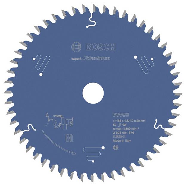 Lame de scie circulaire bleue de la marque Bosch, spécialement conçue pour l'aluminium. Elle dispose d'une fixation centrale et des bords dentelés.