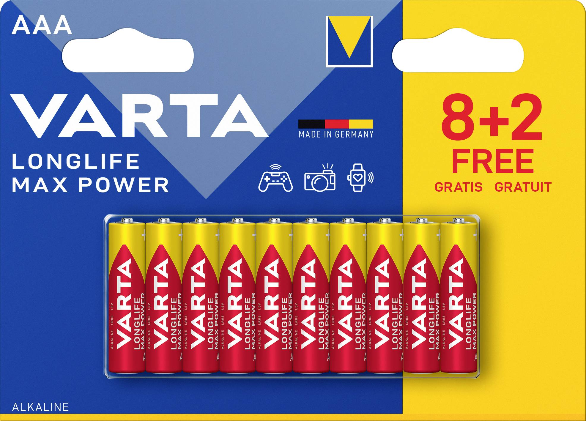 Pack de 10 piles AAA VARTA 'LONG LIFE MAX POWER' avec l'offre '8+2 GRATUITES'. Adaptées aux consoles de jeux, appareils photo et télécommandes.