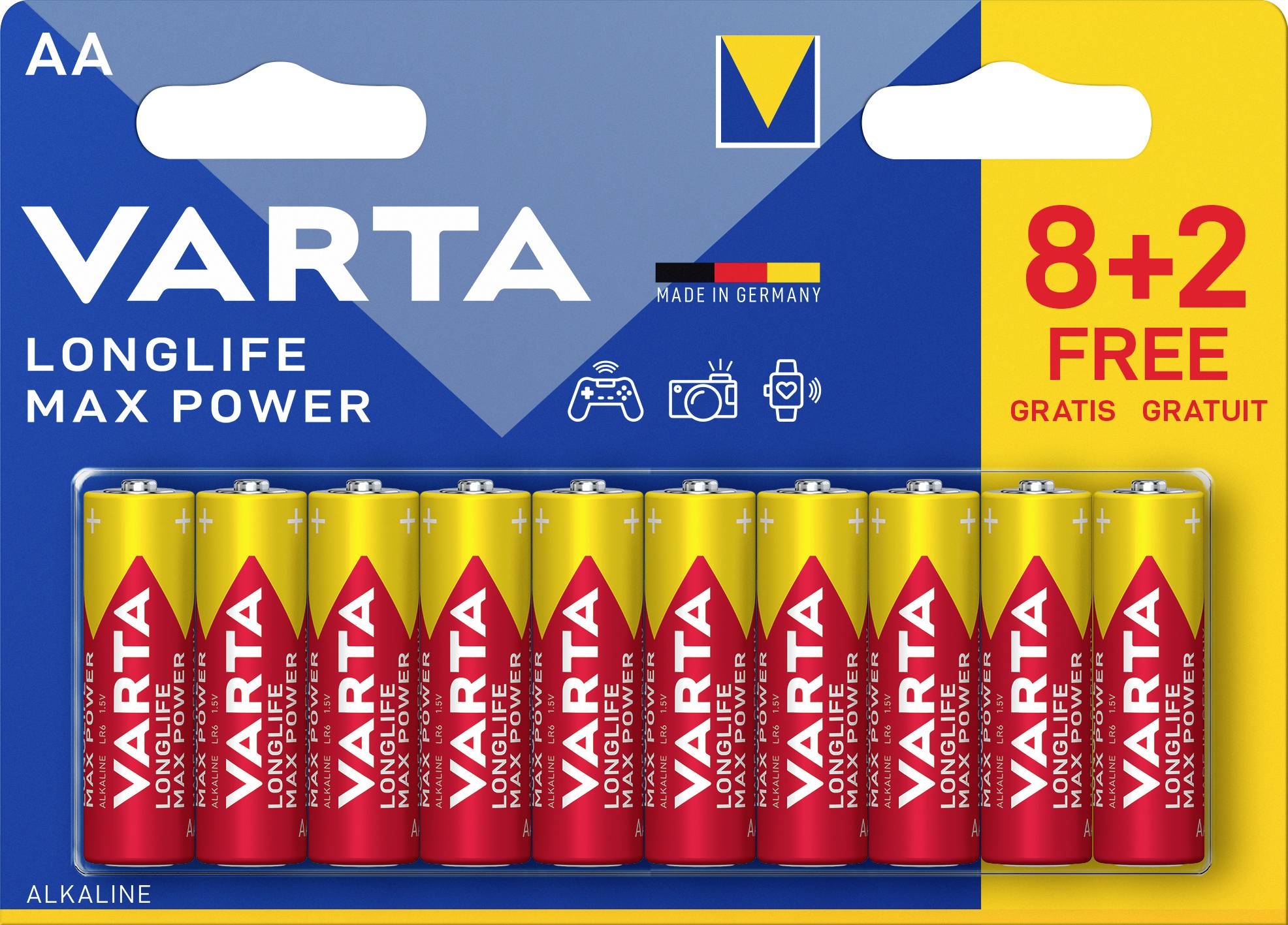 Pack de dix piles VARTA AA Longlife Max Power, 8+2 gratuites, en rouge et jaune. Nom de marque et 'Made in Germany' visibles.