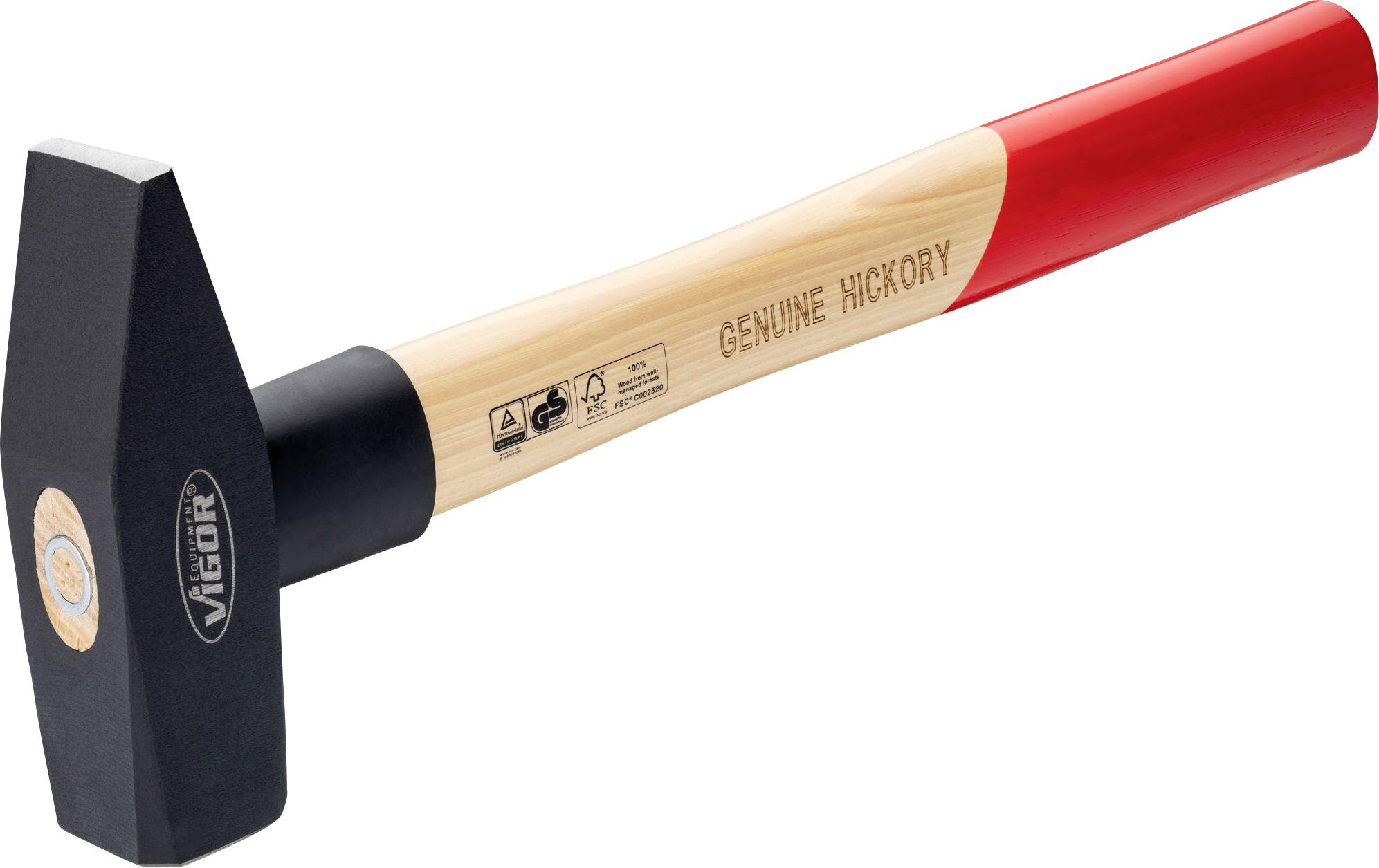 Un marteau avec un manche en bois et une extrémité rouge. Sur le manche, il est écrit 'Genuine Hickory'.