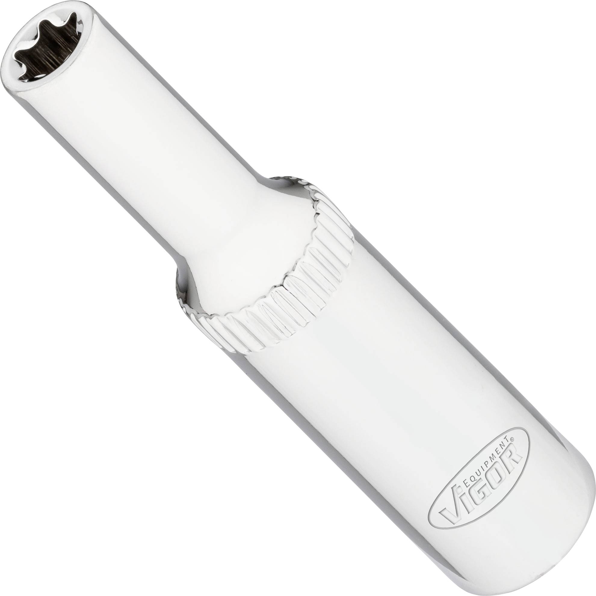 L'adaptateur de clé à douille illustré est un outil cylindrique avec une surface striée pour une meilleure prise en main et porte le nom de marque 'Vigor'.
