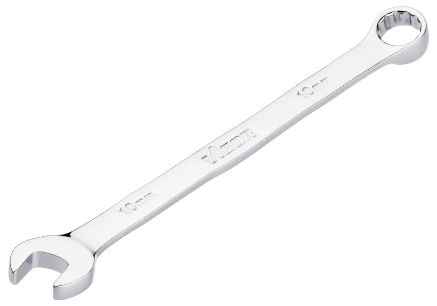 Clé à molette à fourche ouverte, taille 10 mm, en métal brillant. Adaptée aux travaux mécaniques et aux assemblages par vis.