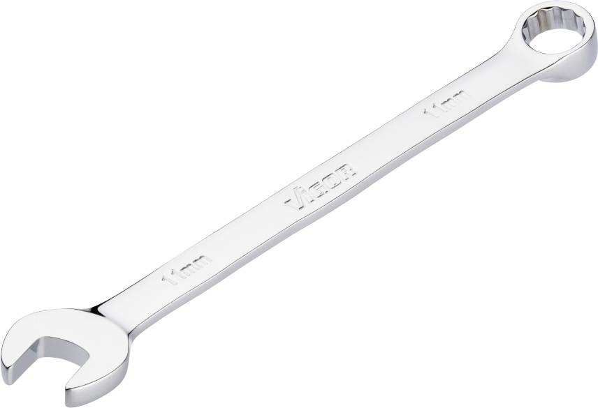 Une clé à molette chromée avec un côté ouvert et un côté à anneau, adaptée aux vis de 11 mm.