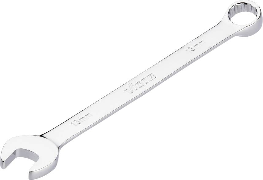 Une clé mixte en argent de 18 mm, avec un anneau et une fourche, sur fond blanc.