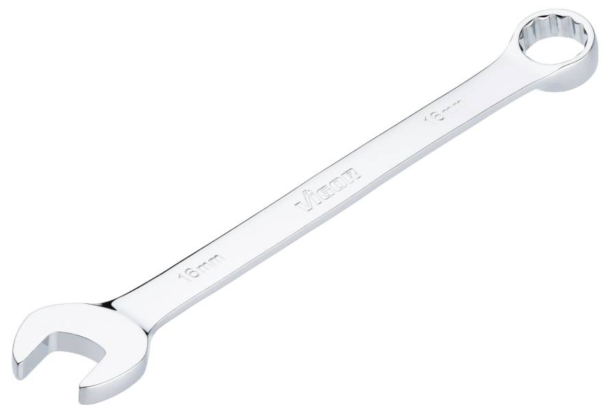 Une clé à molette chromée avec une extrémité ouverte et une extrémité à anneau, de taille 16 mm, sur un fond blanc.