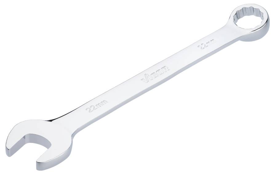 Une clé à molette argentée de 22 mm, avec des extrémités ouvertes et à anneau, est posée en diagonale de bas gauche à haut droite.