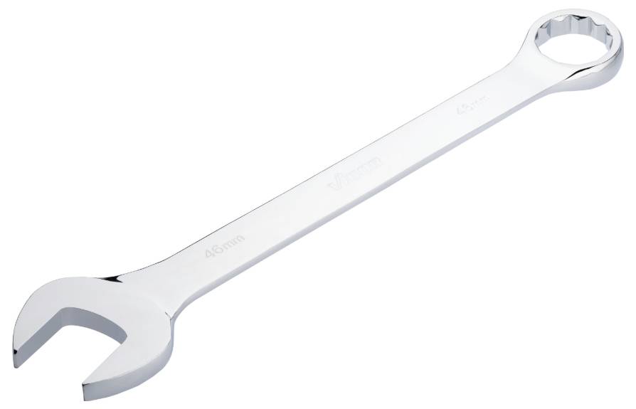Une clé polygonale chromée, de 48 mm d'un côté et de 63 mm de l'autre, est posée sur un fond blanc.