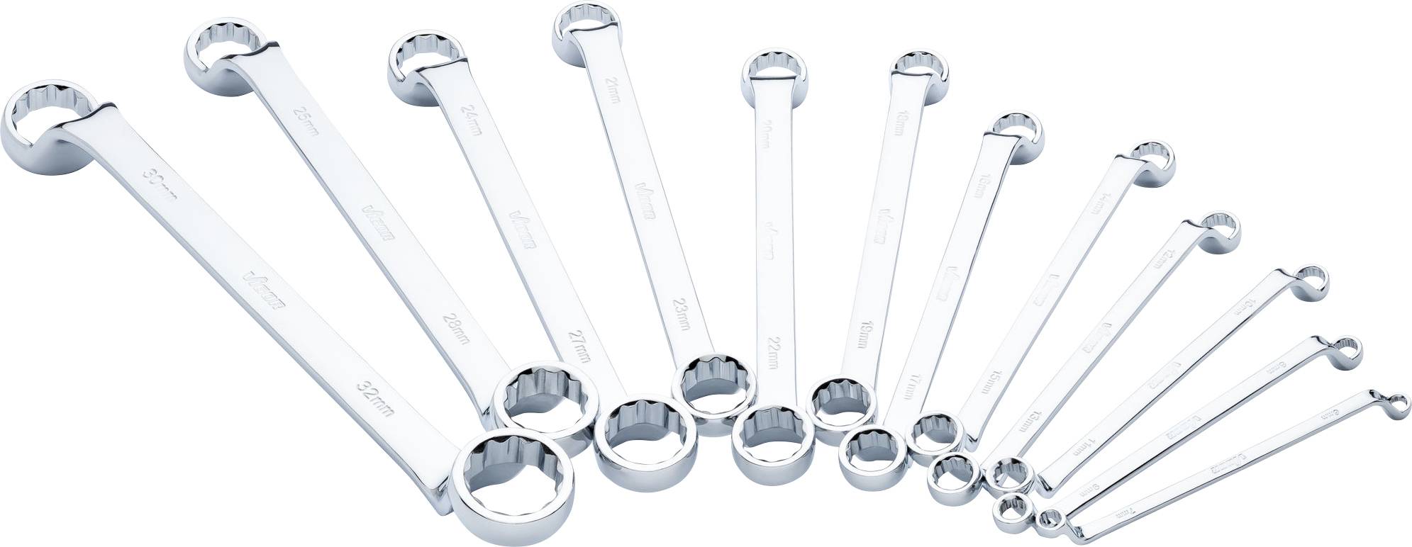 Un ensemble de douze clés à anneau de tailles décroissantes, disposées en éventail, couvrant les tailles essentielles de 8 à 32 mm.