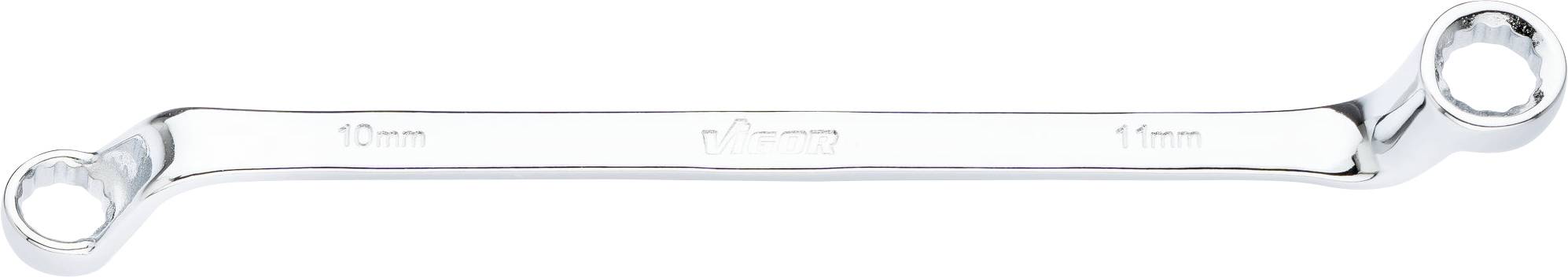 Une clé polygonale à double embout en acier chrome-vanadium, avec des dimensions de 12 mm et 11 mm à ses extrémités respectives.