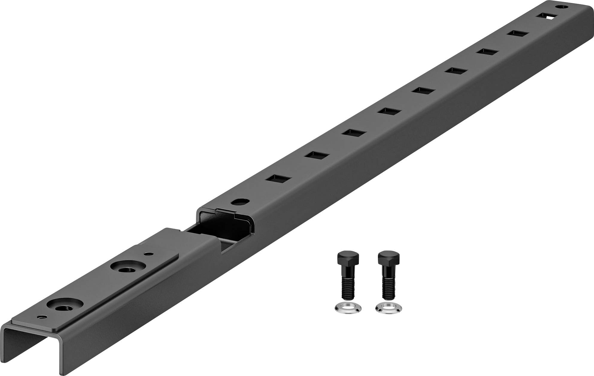 Rail en métal avec des trous carrés, adapté pour un montage par vis. Deux vis noires avec leurs écrous sont disposées à côté.