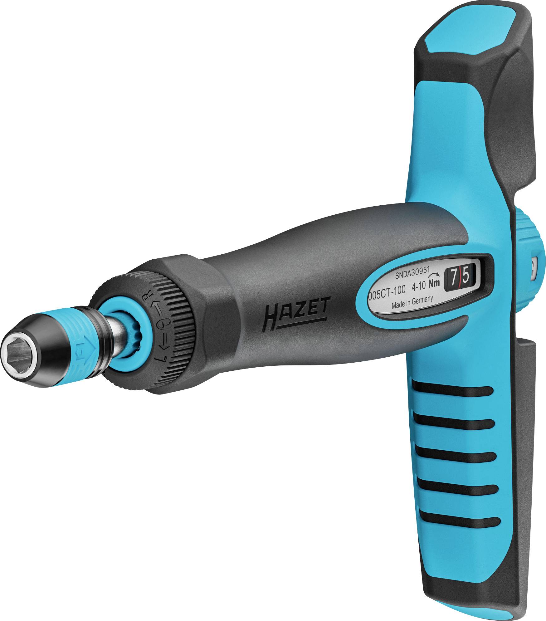 Clé dynamométrique en bleu et noir. Affiche 'HAZET' et '7,5 Nm' sur le côté. Adaptée pour la mesure précise du couple de serrage.