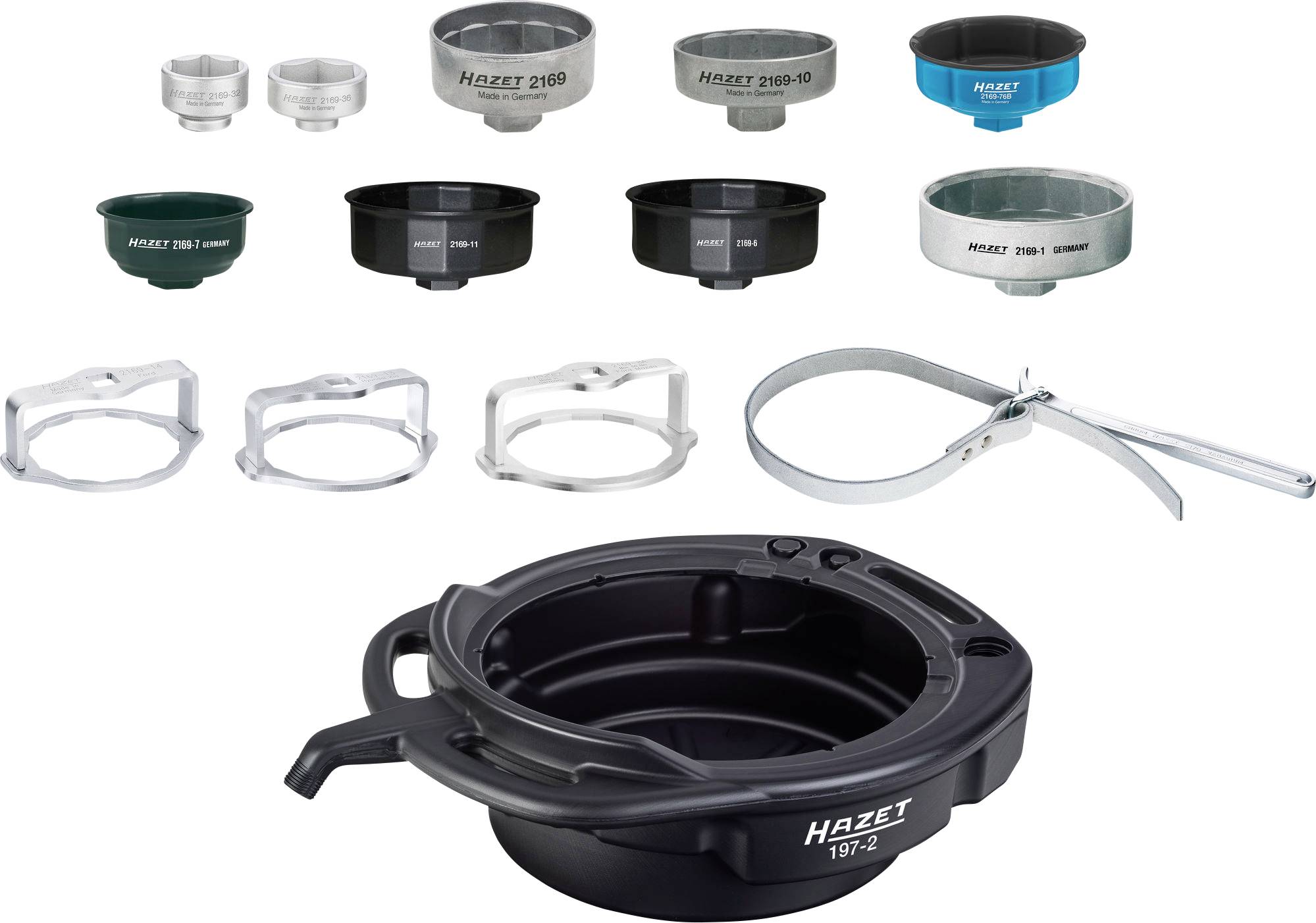 'Divers outils Hazet pour filtres à huile et courroies, comprenant des bagues d'espacement et des récipients de récupération, de différentes tailles et couleurs.'