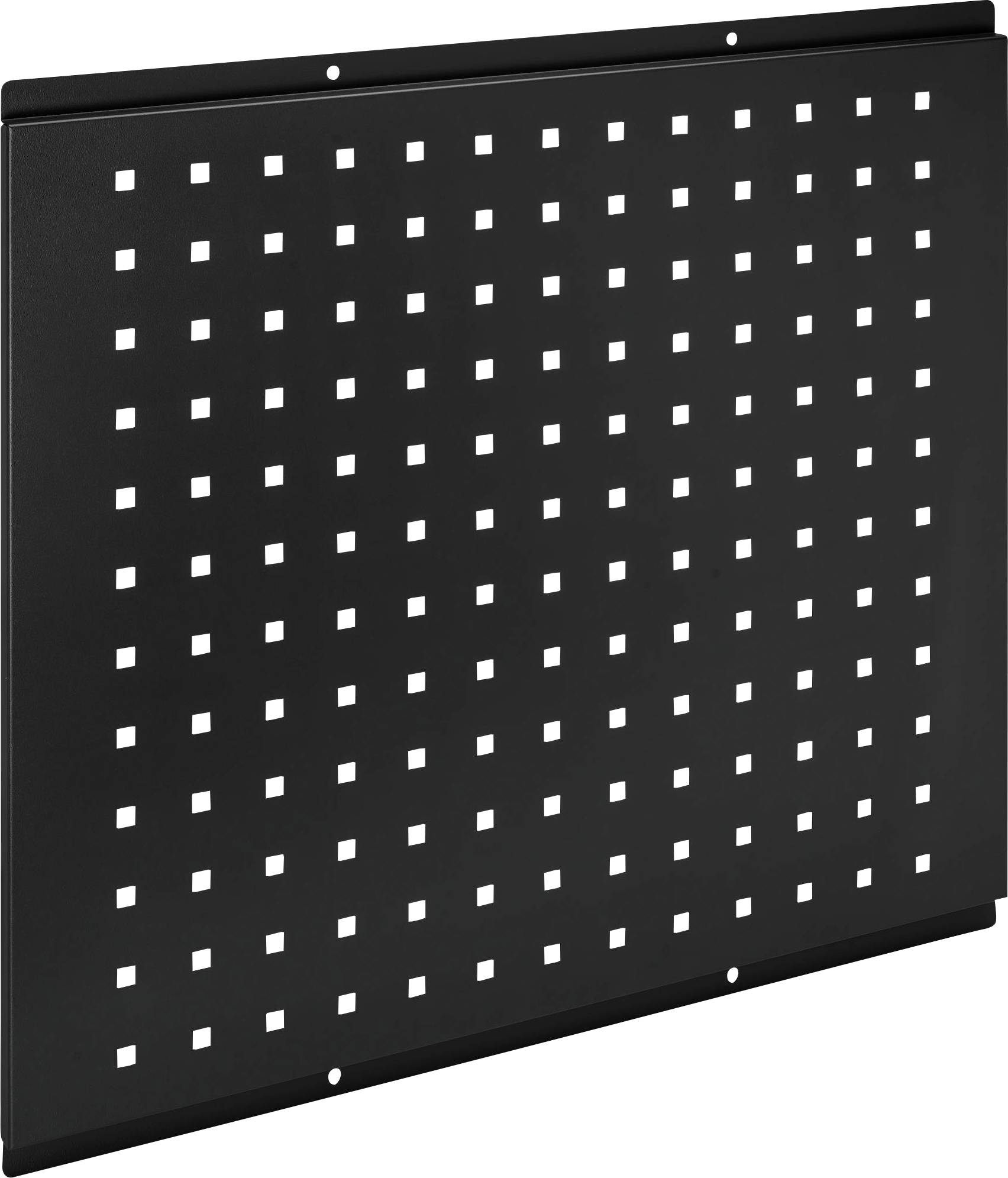 Panneau mural noir perforé de trous carrés, adapté au rangement des outils ou des accessoires par l'insertion de crochets.