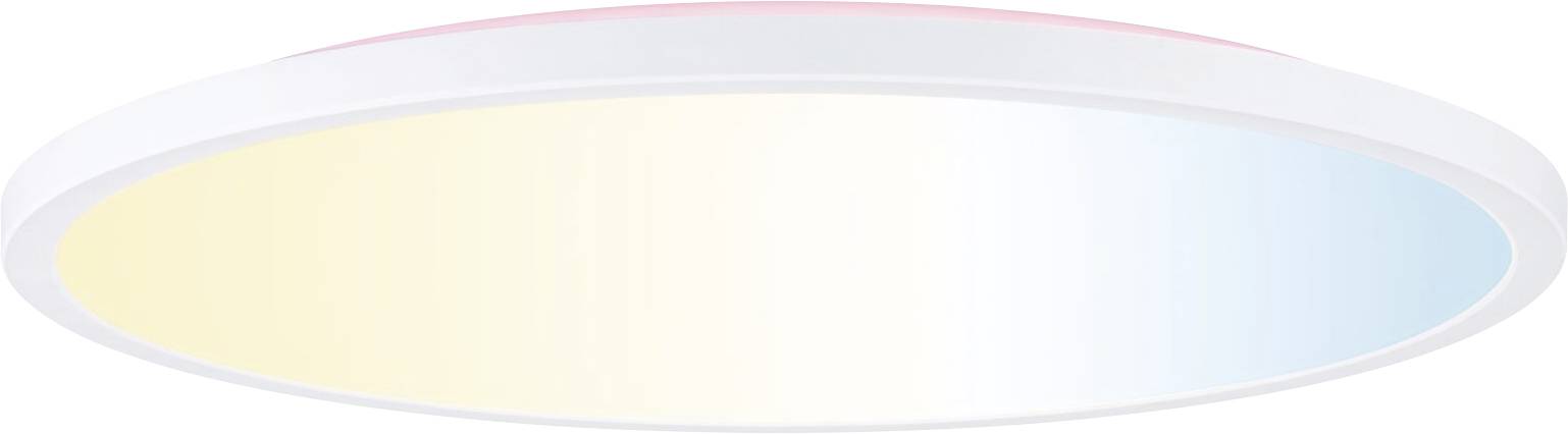Plafonnier LED rond avec dégradé de couleur passant du jaune chaud au bleu froid.