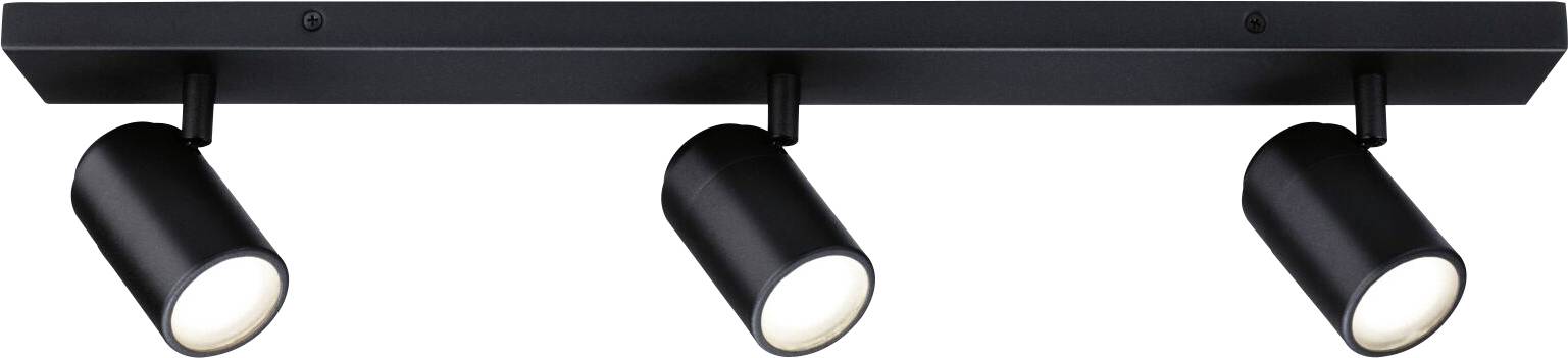 Plafonnier triple noir avec trois projecteurs cylindriques orientables pour un éclairage directionnel.