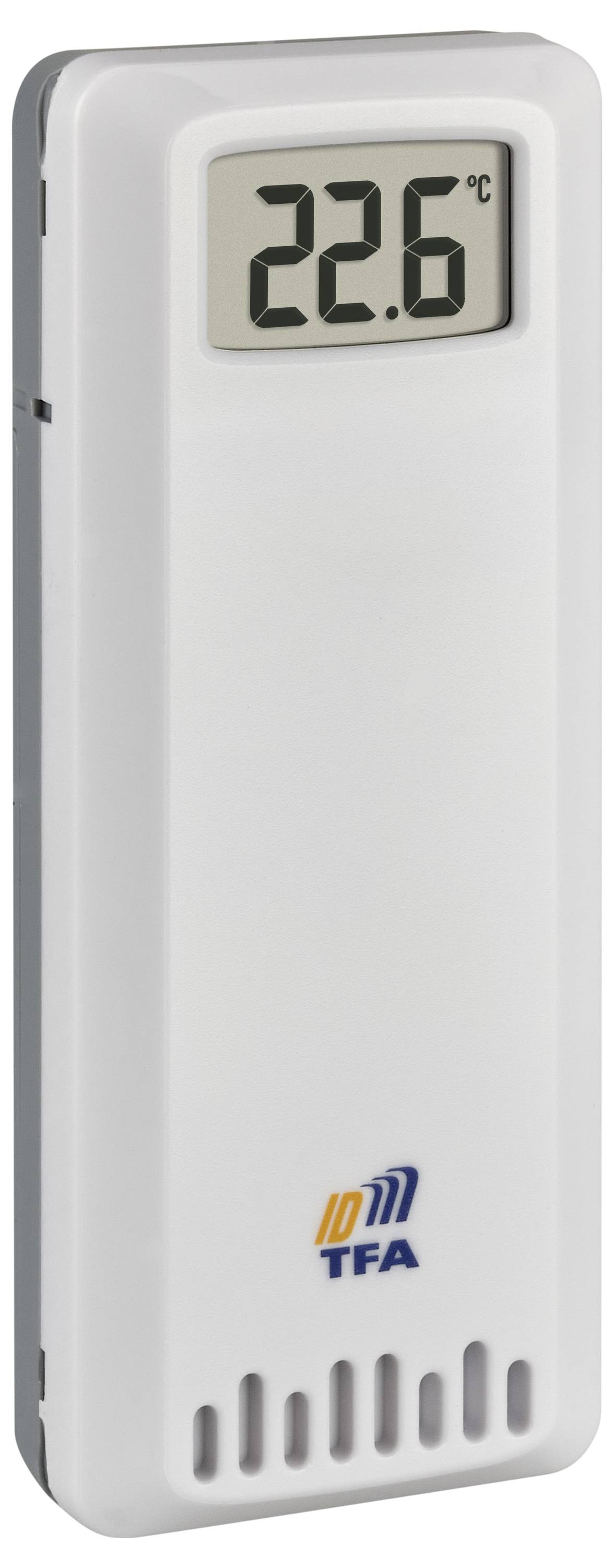 Un thermomètre numérique affiche une température de 22,6 °C. Il est blanc et porte le logo de TFA Dostmann sur sa face avant.