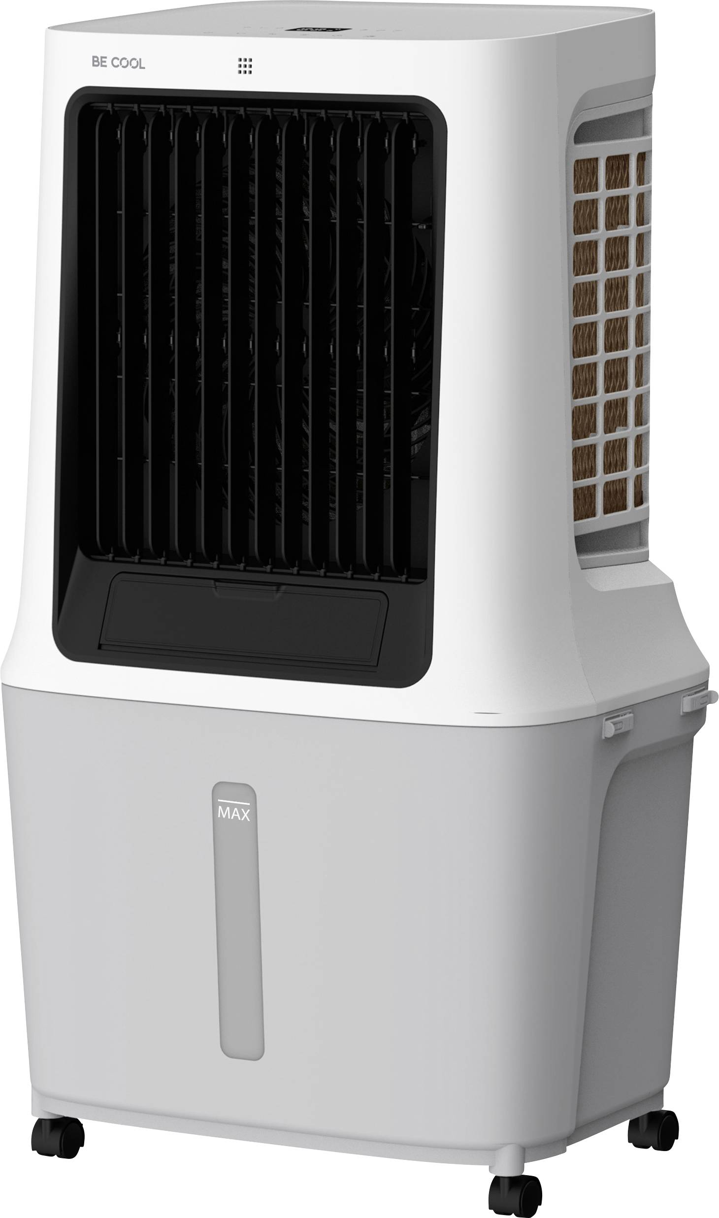 Climatiseur avec grille de ventilation noire et réservoir d'eau, monté sur roulettes.