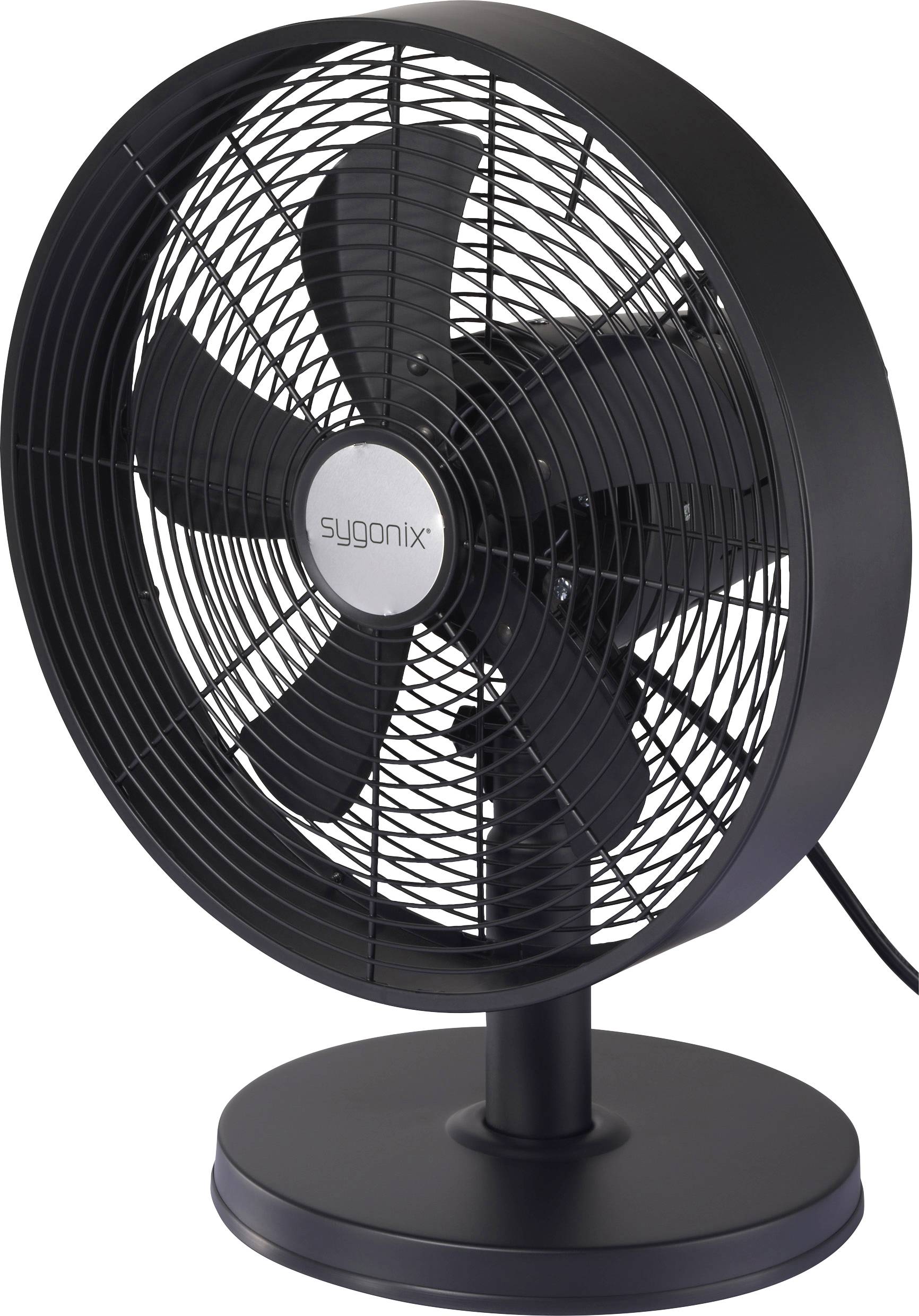 Un ventilateur de table noir avec des pales visibles, posé sur une table. Un câble électrique est visible.