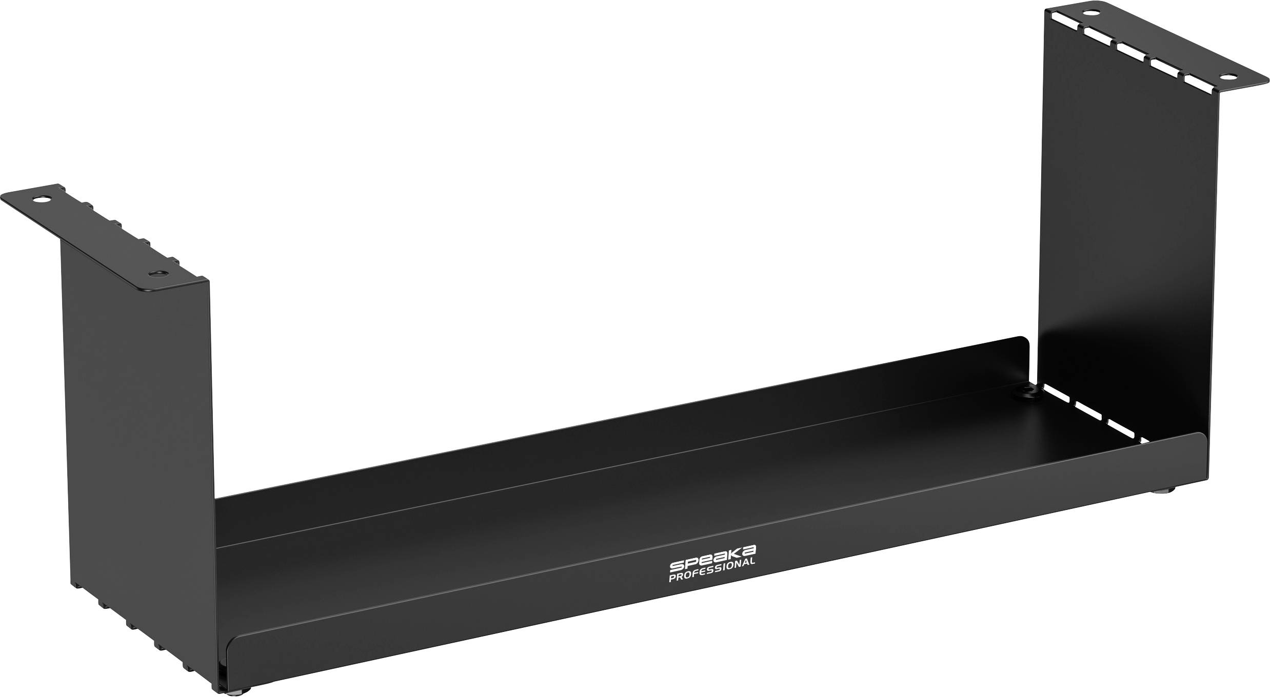 Support de rack métallique noir avec supports latéraux, adapté à la fixation d'équipements dans une installation électronique ou un armoire.