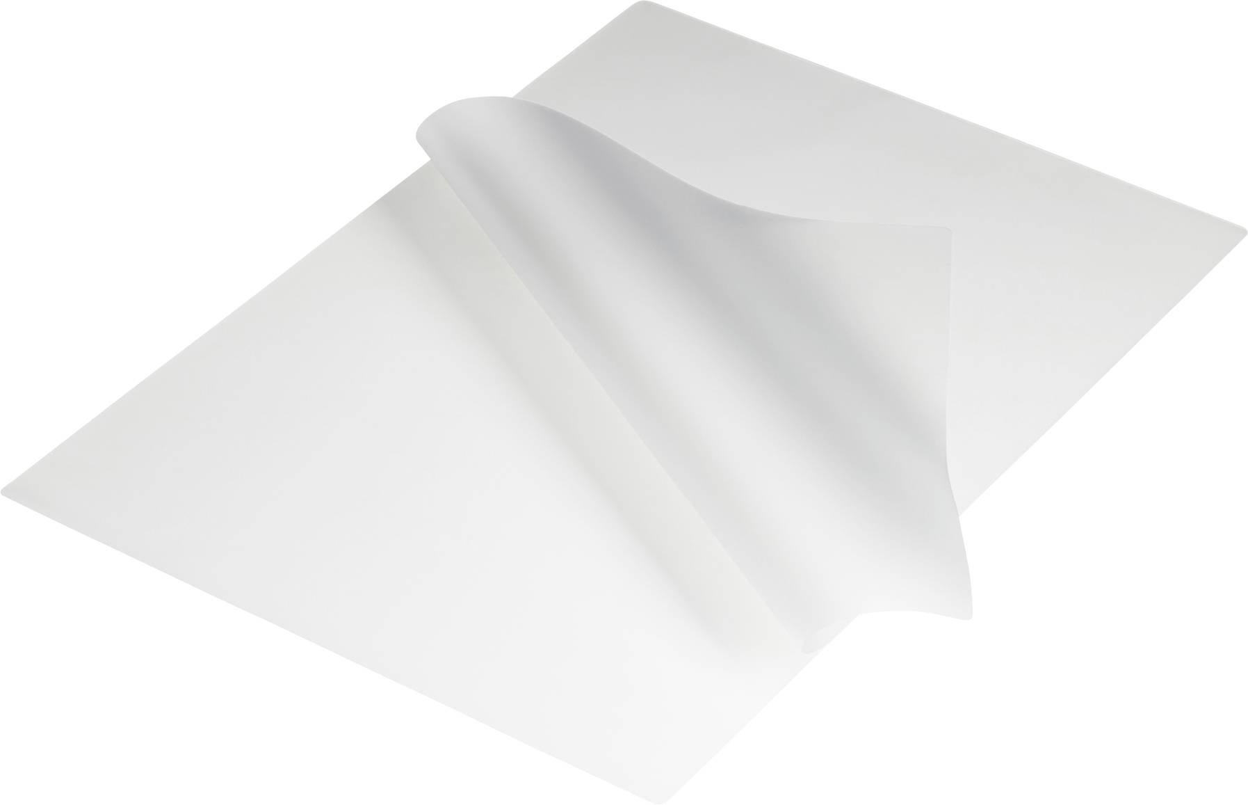 Une feuille de papier transparente ou semi-transparente, légèrement incurvée, repose sur un fond blanc.