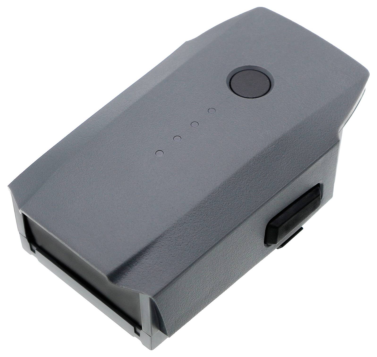 Une batterie de drone grise avec quatre voyants de charge LED et un bouton en son centre.
