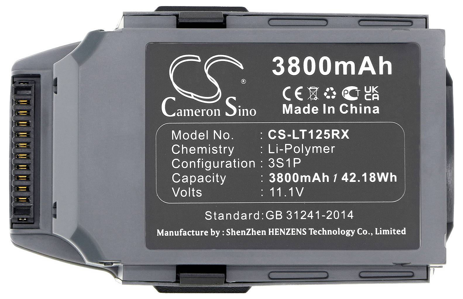 Batterie Lithium-Polymère ; Modèle : CS-LT125RX, Capacité : 3800mAh, Tension : 11,1V, Fabricant : ShenZhen HENZENS, fabriqué en Chine.