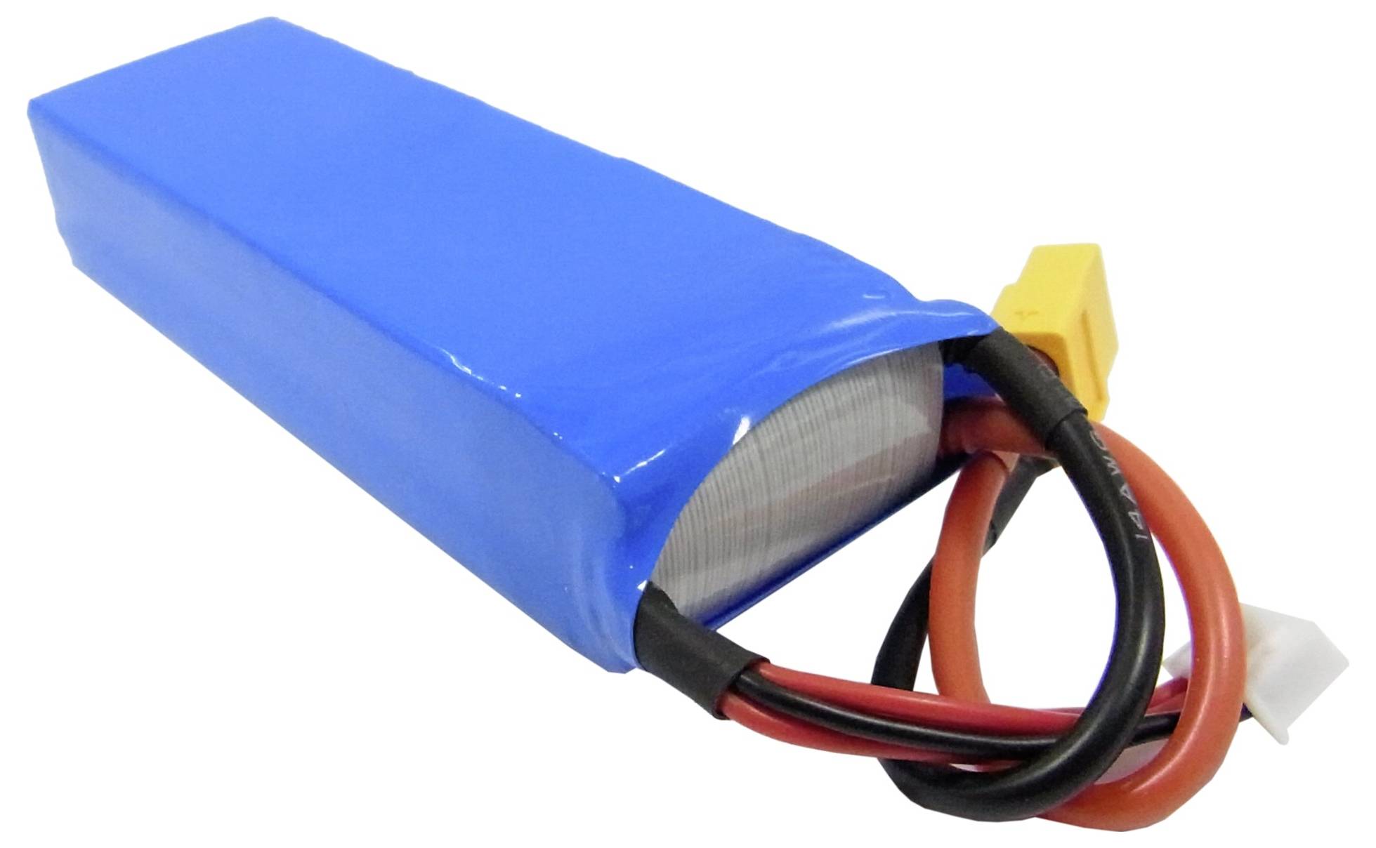 Un accumulateur lithium-polymère bleu avec des câbles et des connecteurs, prêt à être branché à un appareil.