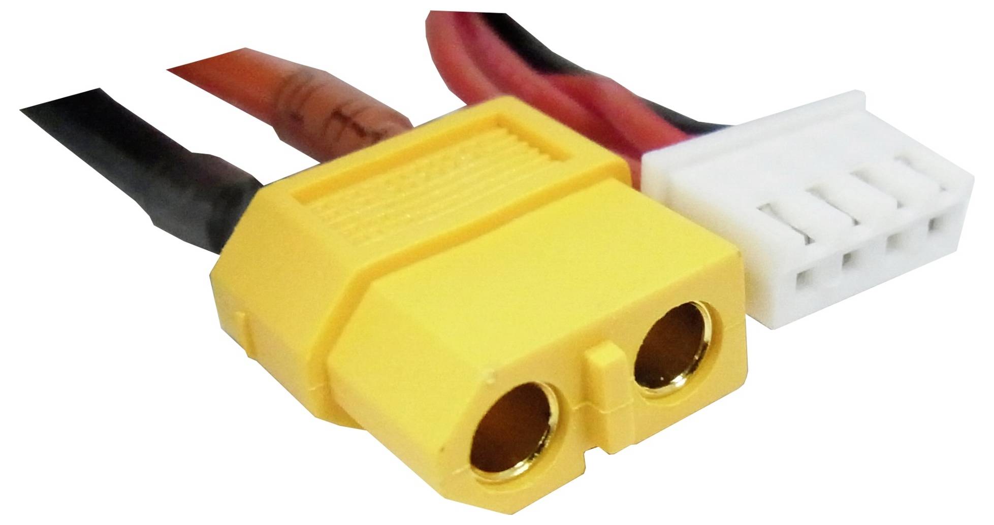 Un connecteur XT60 jaune et un connecteur JST blanc avec des câbles connectés sont représentés. Ils sont fréquemment utilisés dans des applications électroniques.